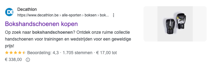 Voorbeeld van zoekresultaat van Decathlon met structured data