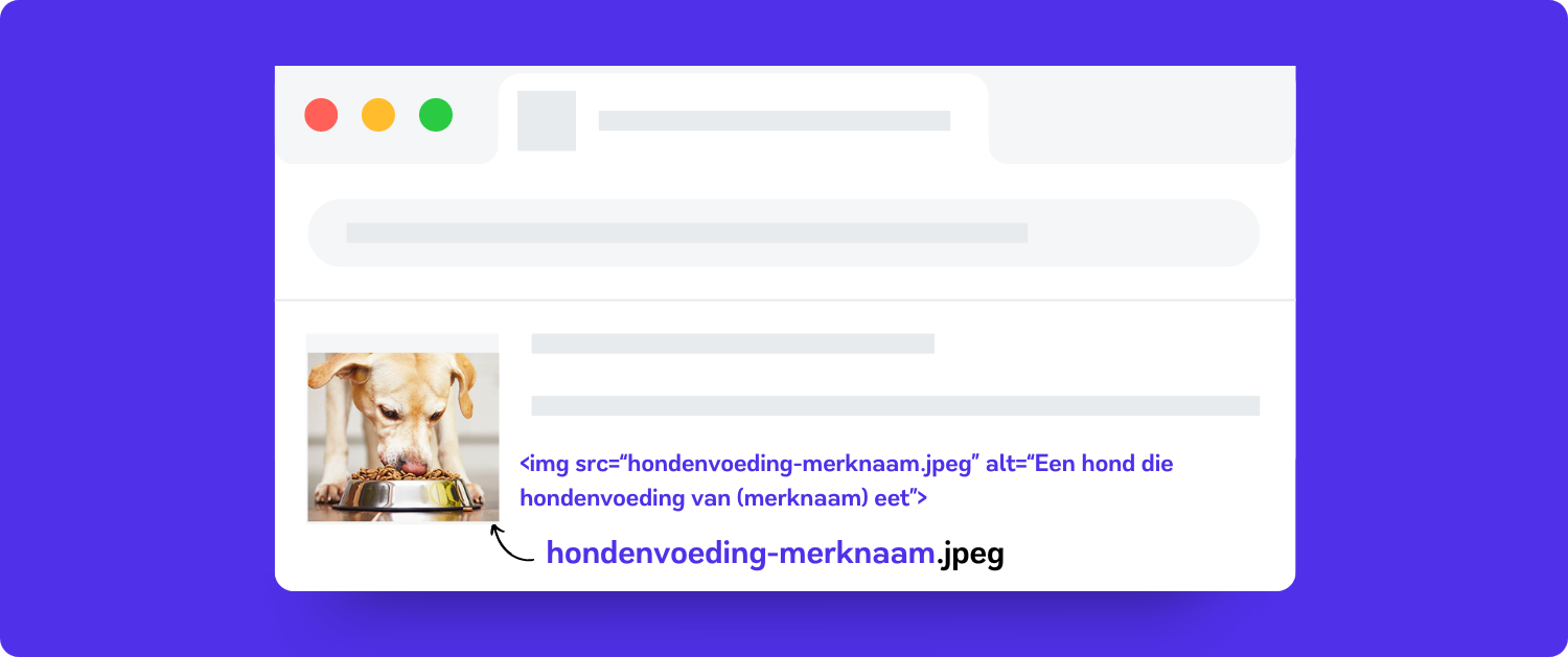 Voorbeeld van bestandsnaam en alt text voor een afbeelding van hondenvoeding