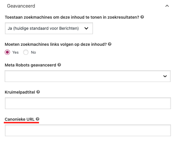 Screenshot van Yoast SEO waarin te zien is hoe je de canonical tag kunt instellen van een pagina.