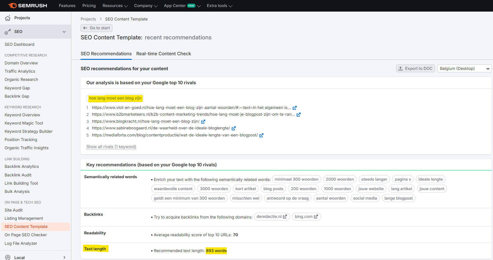 seo content template tool van Semrush