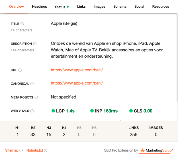 Voorbeeld van SEO Pro Extension op de Apple België homepage