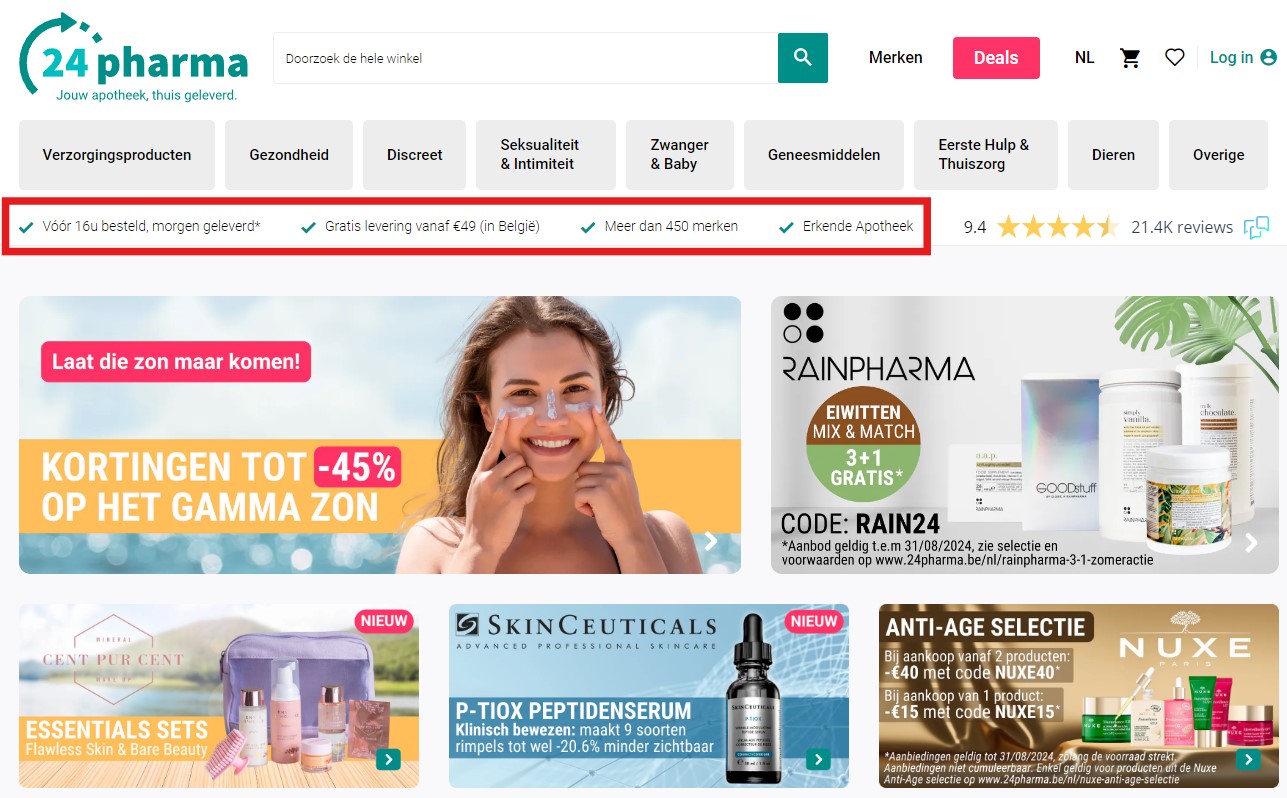 24pharma voegt USPs toe aan de header van elke pagina.