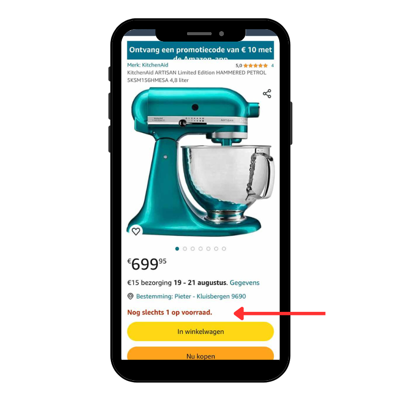 Voorbeeld van een urgentietrigger op de Amazon webshop.