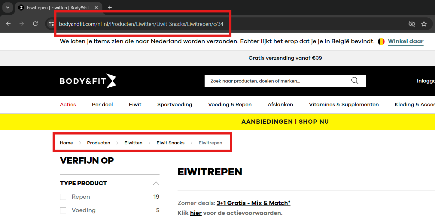 Voorbeeld navigatiefeedback via de URL en het kruimelpad