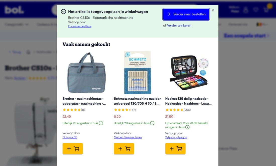 Voorbeeld van hoe Bol.com aan upselling doet. Hierdoor kan de gemiddelde waarde van je winkelwagen stijgen. 