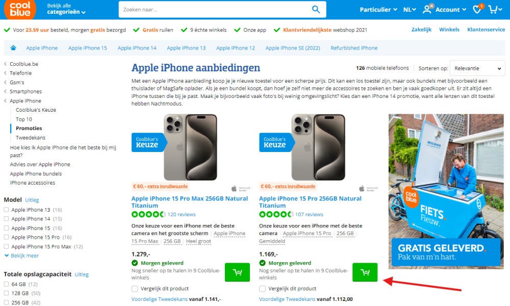 Voorbeeld van CTA's op de categoriepagina's van de Coolblue webshop.