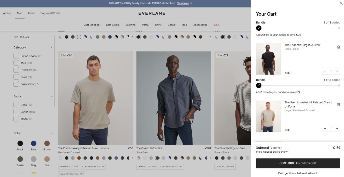 Side cart voorbeeld van Everlane. 