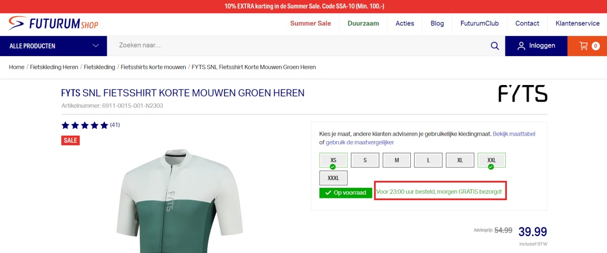 De Futurum webshop vermeld duidelijk de gratis verzending aanbieding bij de prijs van het product.