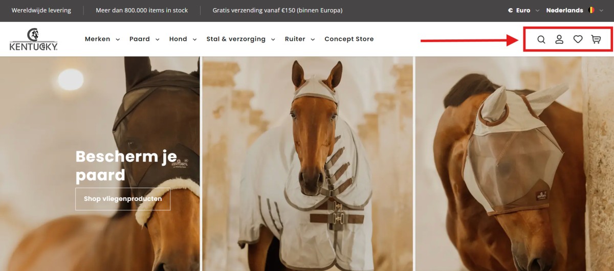 Een voorbeeld van een zoekbalk die verstopt zit en niet opvalt naast veel andere iconen, is die van de Kentucky Horsewear webshop.