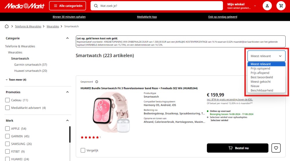 Mediamarkt voorziet verschillende sorteeropties op de webshop. 