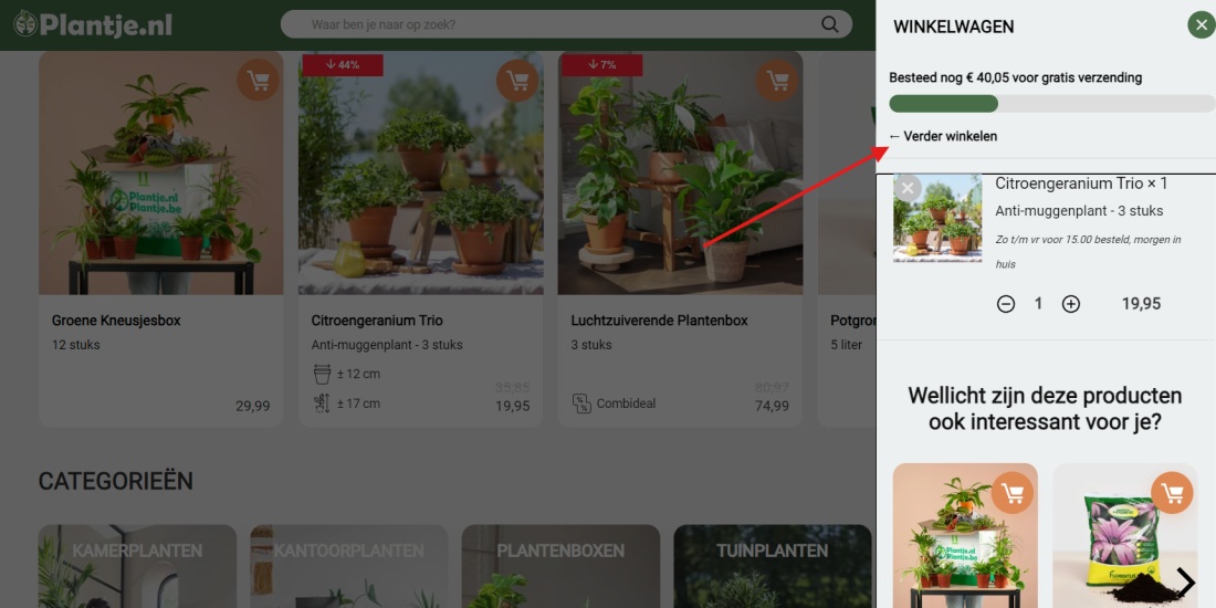 Plantje.nl voorziet een CTA waardoor bezoekers eenvoudig verder kunnen shoppen vanuit hun winkelwagentje.