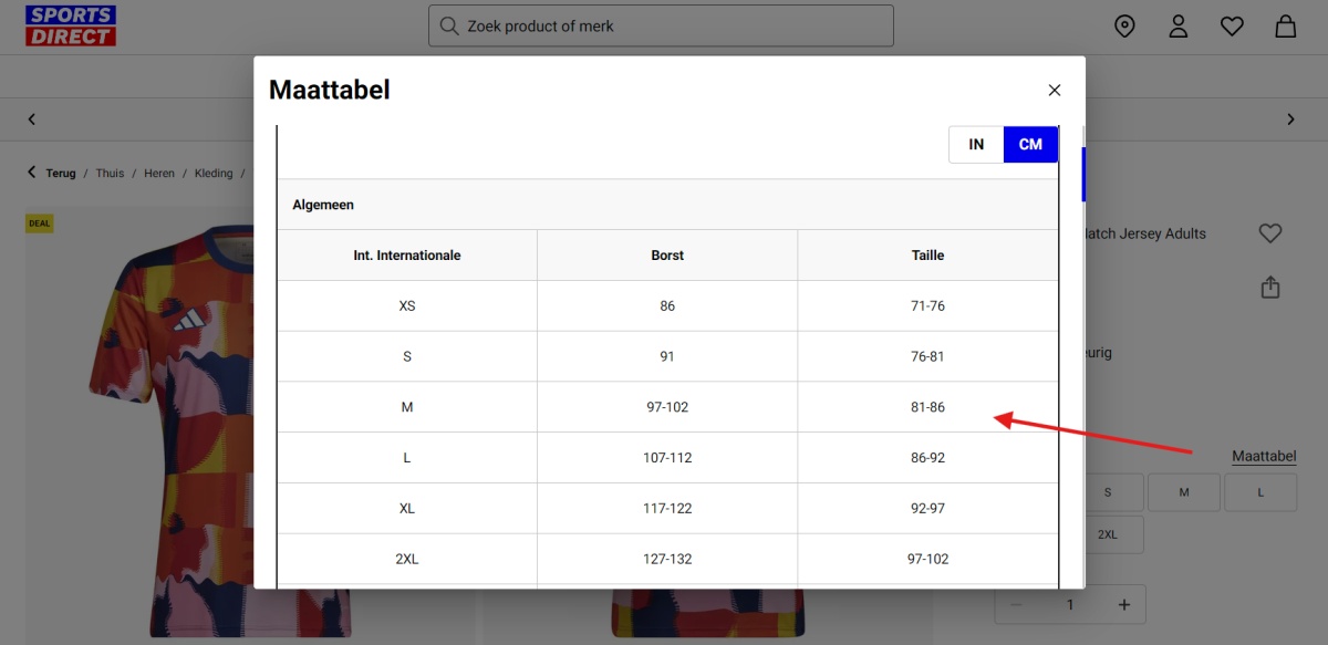 Sports Direct voegt een duidelijke maattabel aan aan de productpagina's, hierdoor verhoogt de conversie. 