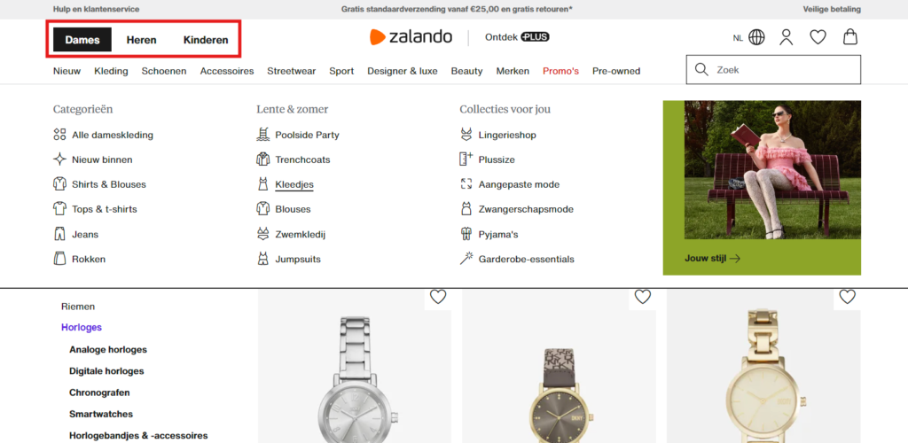 Voorbeeld hoofdnavigatie van Zalando.