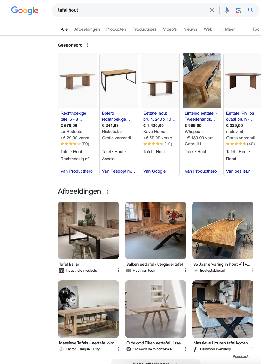Screenshot van de zoekresultaten voor 'tafel hout' in Google