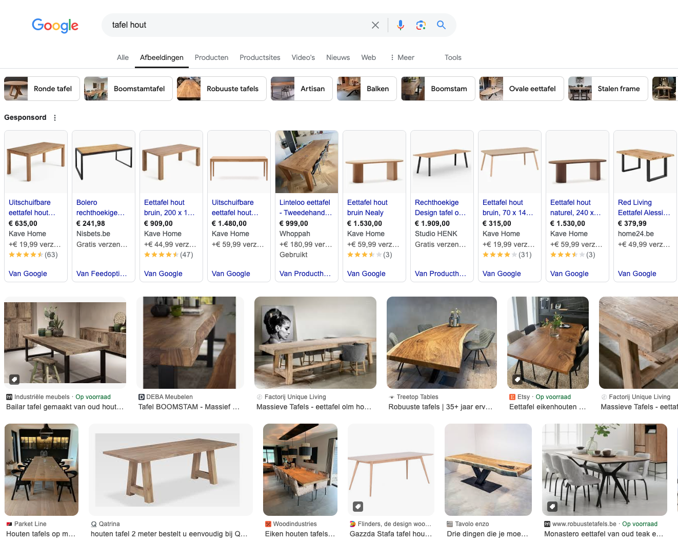 Screenshot van de image zoekresultaten voor 'tafel hout' in Google